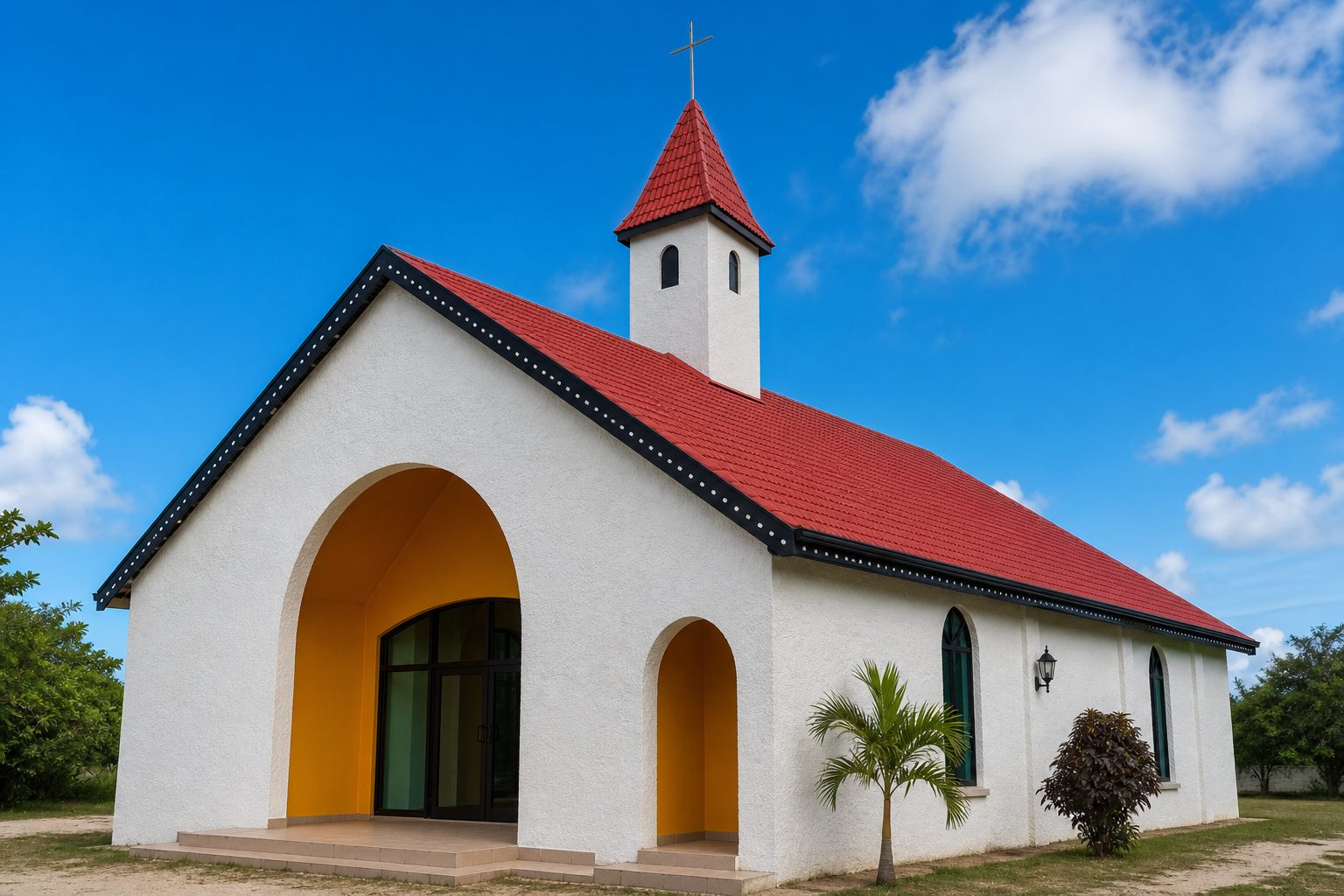 The front of Klivtrn Harvest Presbyterian Church in Port Vila, with entrance archways and a red tiled roof
